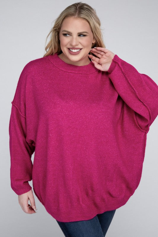 Plus Oversized Round Neck Raw Seam Melange Sweater