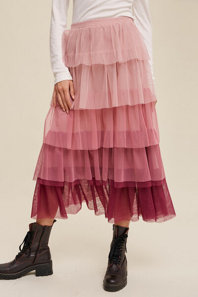 Elastic Waist Layered Tulle Midi Skirt