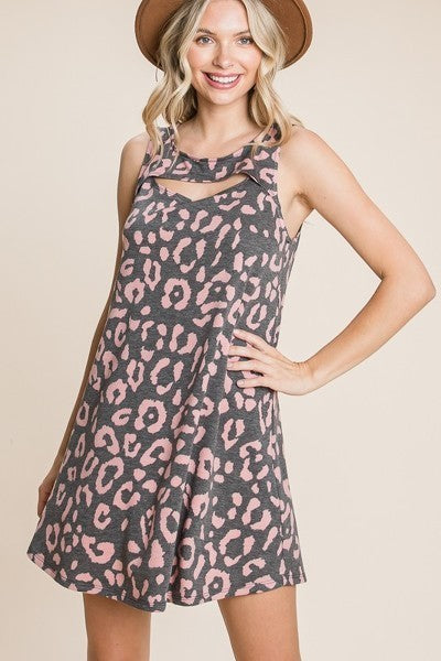 Cute Animal Print Cut Out Neckline Sleeveless Tunic Dress