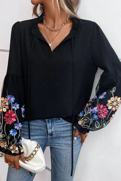Floral Patched Flounce Sleeve Tie Neck Blouse