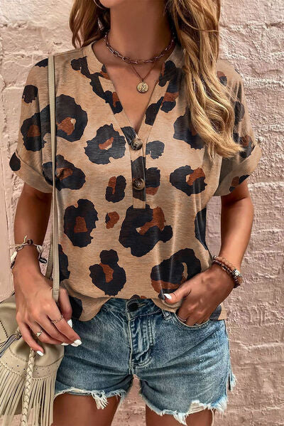 Leopard Half Button Short Sleeve T-Shirt